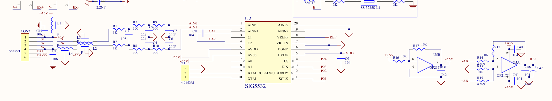 Excerpt of the 2026 PR5170 analog-input schematic showing the filtered load-cell connection and SIG5532 acquisition circuit